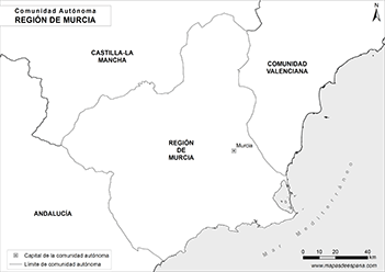 Mapa comunidad autónoma de la Región de Murcia en blanco y negro