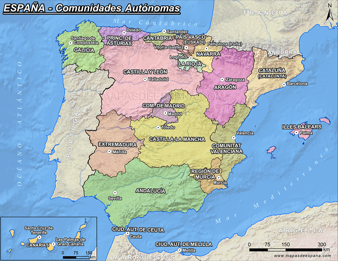 Mapa político de España: Comunidades, capitales y provincias